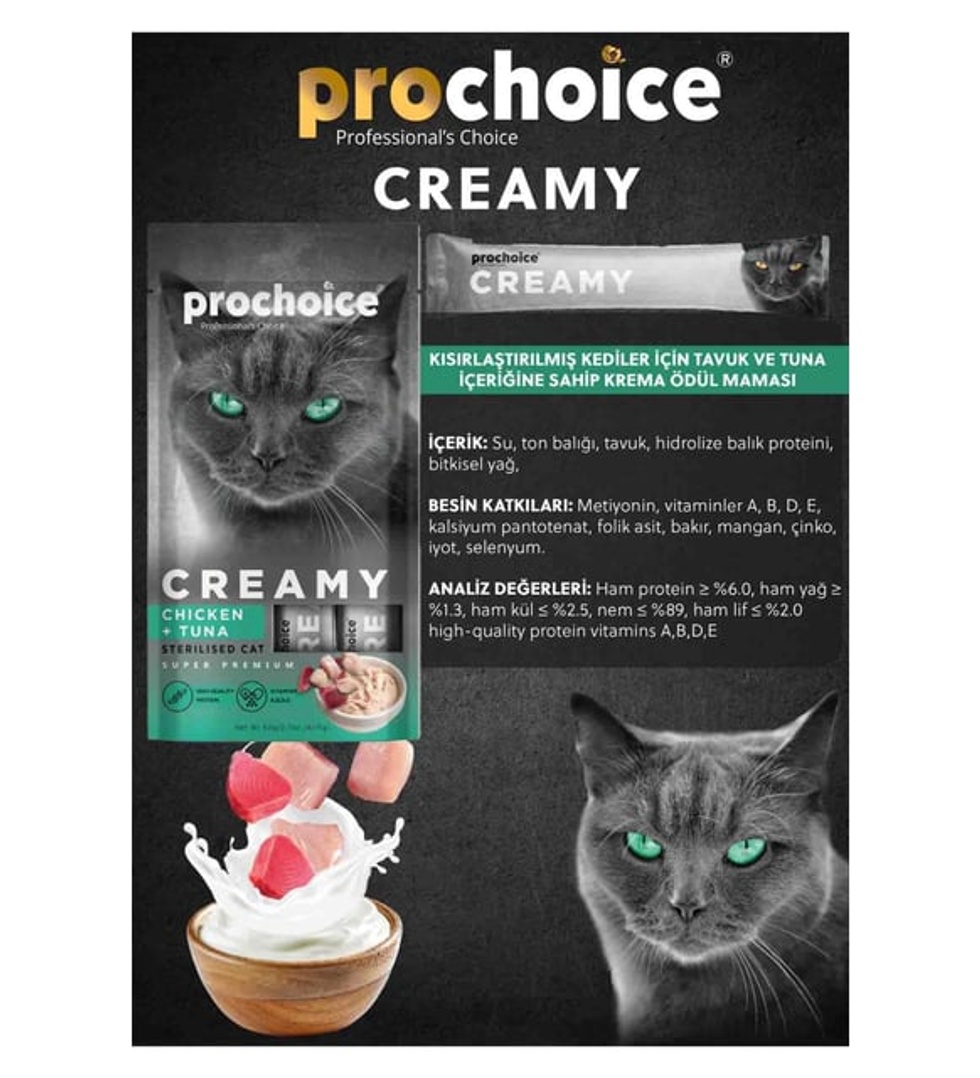 Creamy Kısırlaştırılmış Kediler İçin Tavuklu ve Tuna Balıklı Sıvı Ödülü 4x15gr