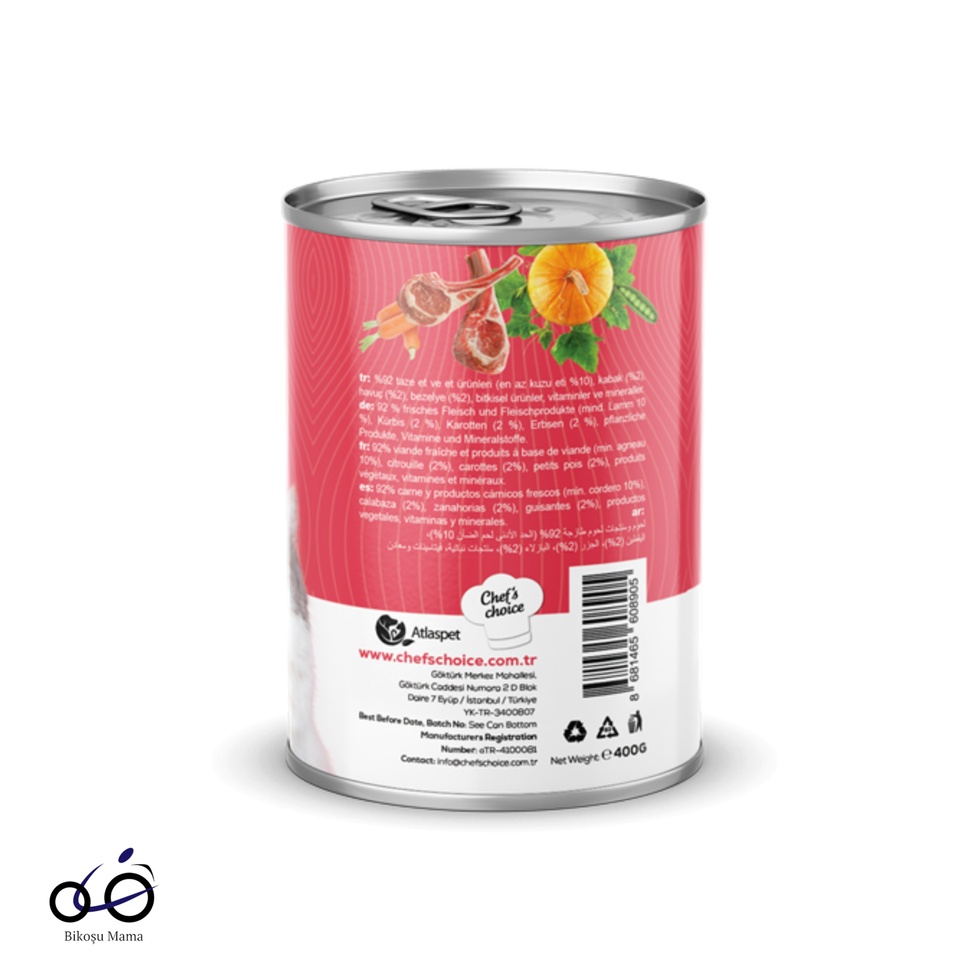 Chefs Choice Hipoalerjenik, Kuzu Etli, Balkabaklı, Bezelyeli Ve Havuçlu Tahılsız Ezme Yetişkin Kedi Konservesi 400gr