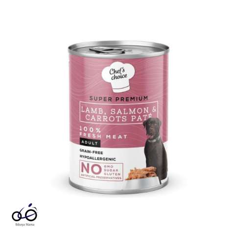 Chefs Choice Hipoalerjenik, Kuzu Etli, Somon Balıklı Ve Havuçlu Tahılsız Ezme Yetişkin Köpek Konservesi 400gr
