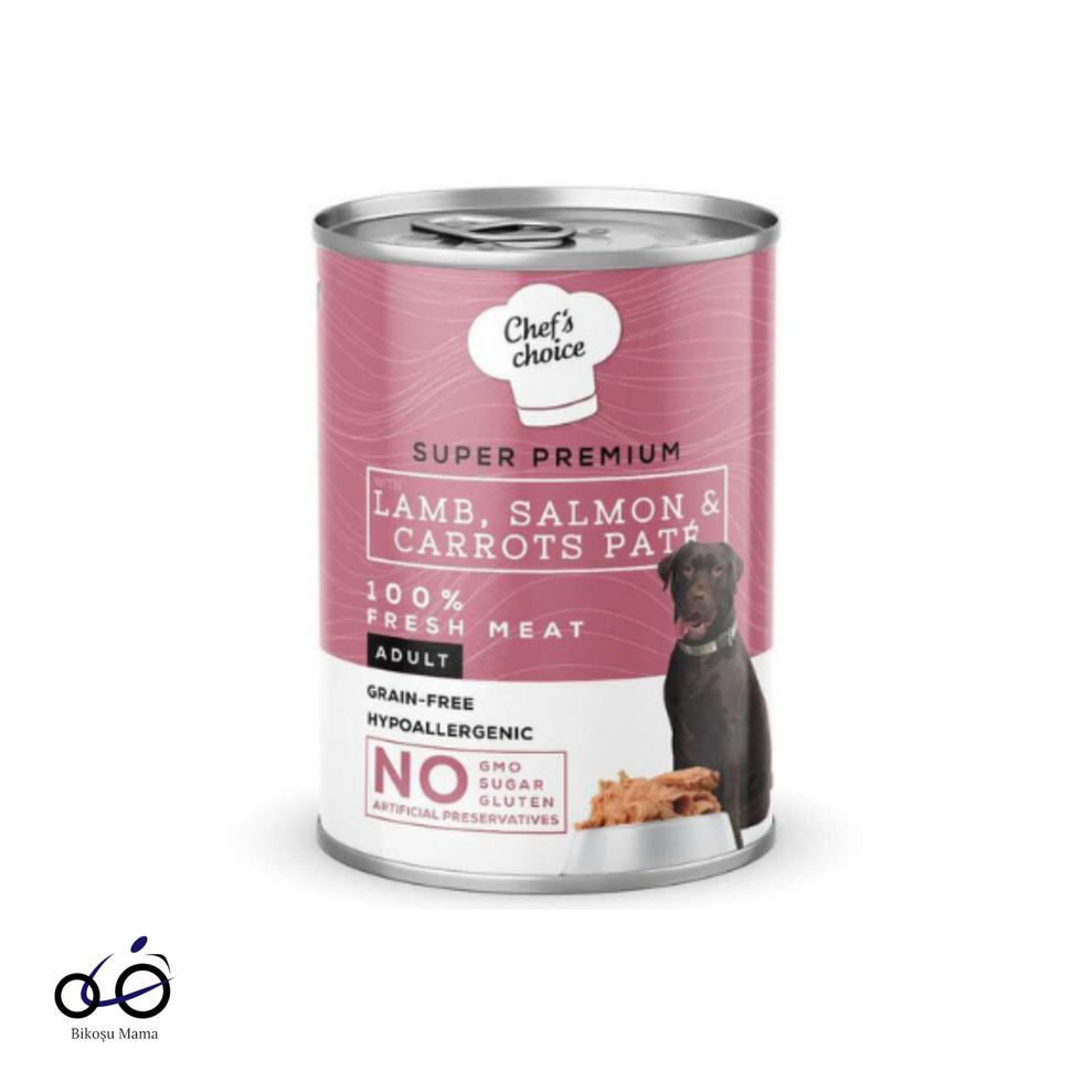 Chefs Choice Hipoalerjenik, Kuzu Etli, Somon Balıklı Ve Havuçlu Tahılsız Ezme Yetişkin Köpek Konservesi 400gr
