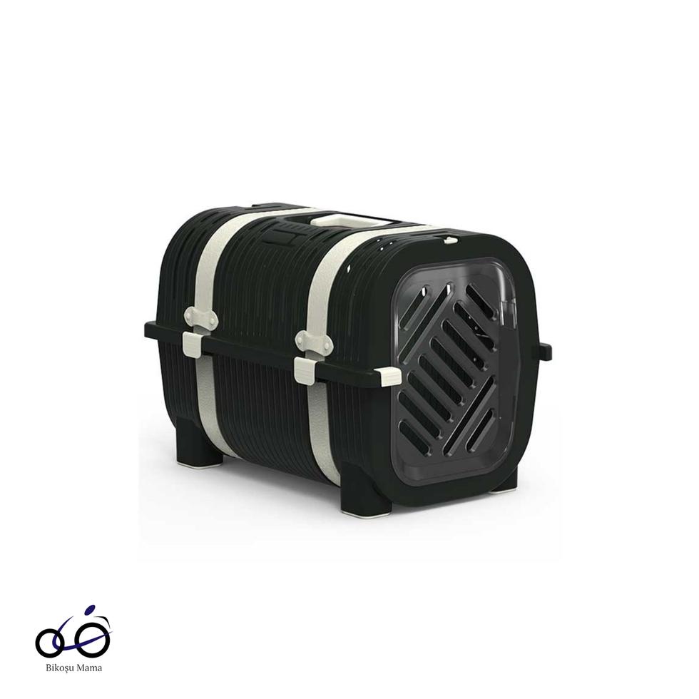 Siyah-Bej Kemer Detaylı Kedi ve Köpek Taşıma Çantası